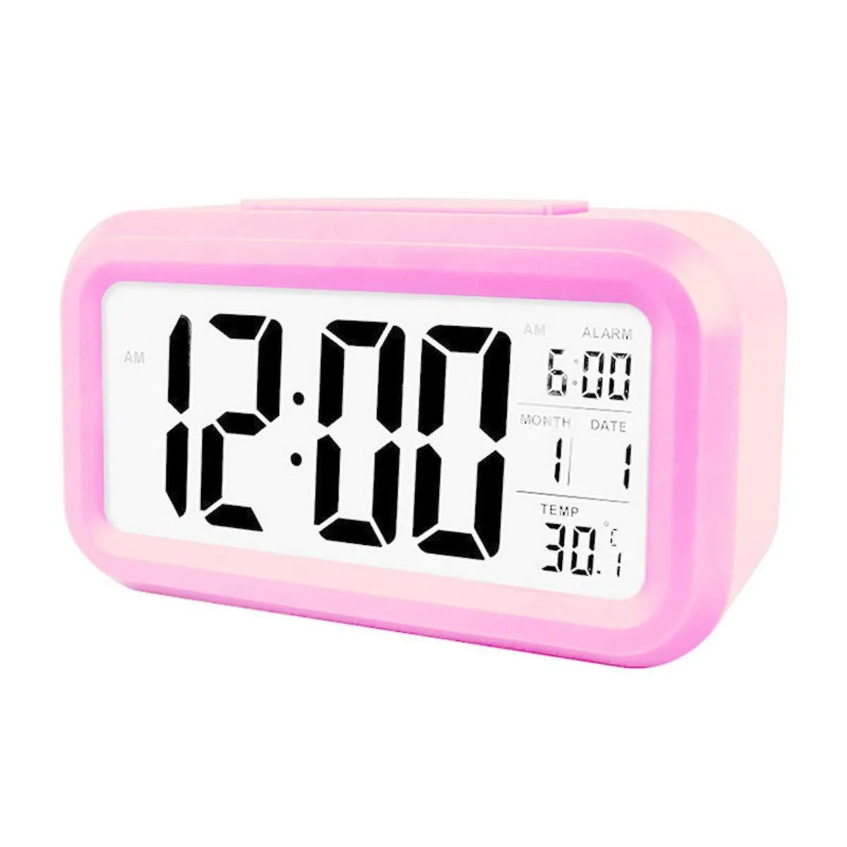 Small pink rectangular digital alarm clock with LCD display