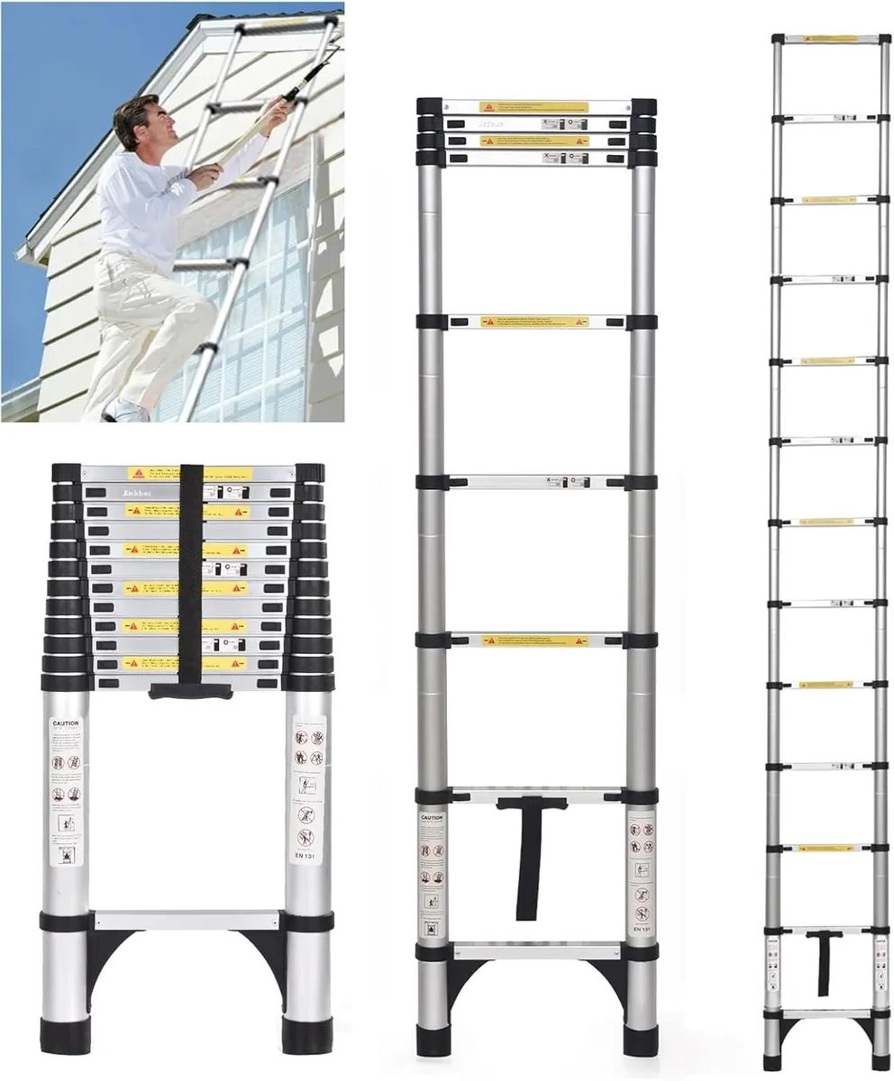 Silver aluminium telescopic ladder collapsed to a compact rectangle with two triangular stabilizers attached