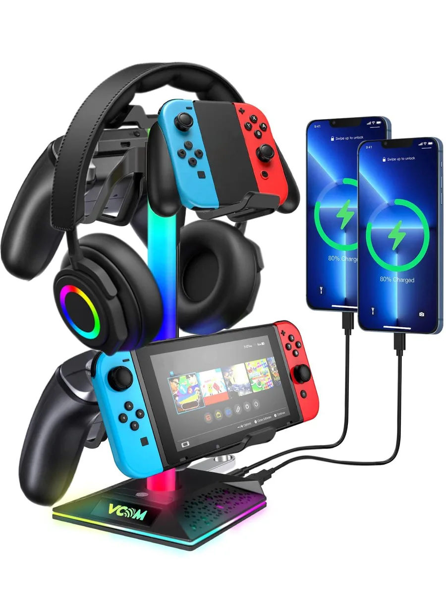 VCOM HJM701S RGB Headset Stand 10 Modes 2 USB 1 USB-C 1.2m Cable — product photo