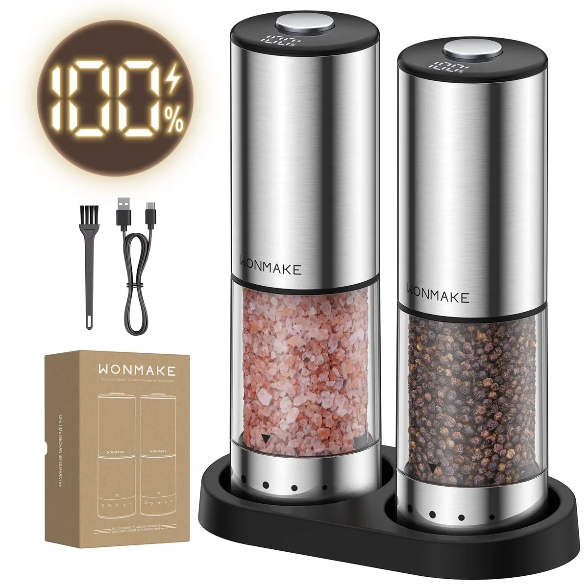 Two silver electric grinders with LED displays and bamboo storage base