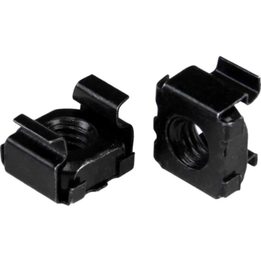 Fifty black steel M5 cage nuts in a bulk pack