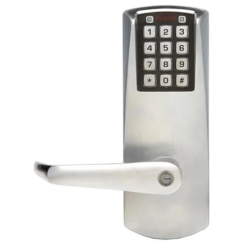 Satin chrome cylindrical door lock with push-button keypad and lever handle