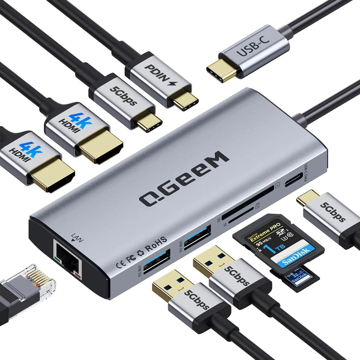  QGeeM KCH101 10-in-1 USB-C Docking Station 2x4K@60Hz PD100W Gray — product photo