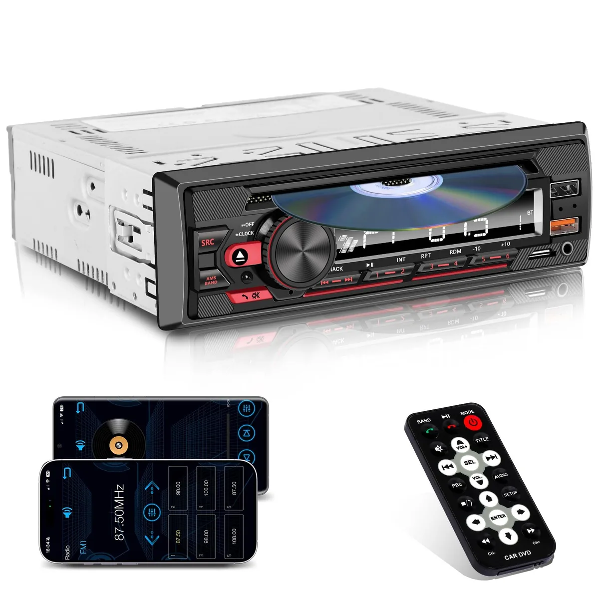 Black single-DIN car stereo with touchscreen, CD/DVD slot, 7-color backlit display, Bluetooth, USB, AUX, SD card slot