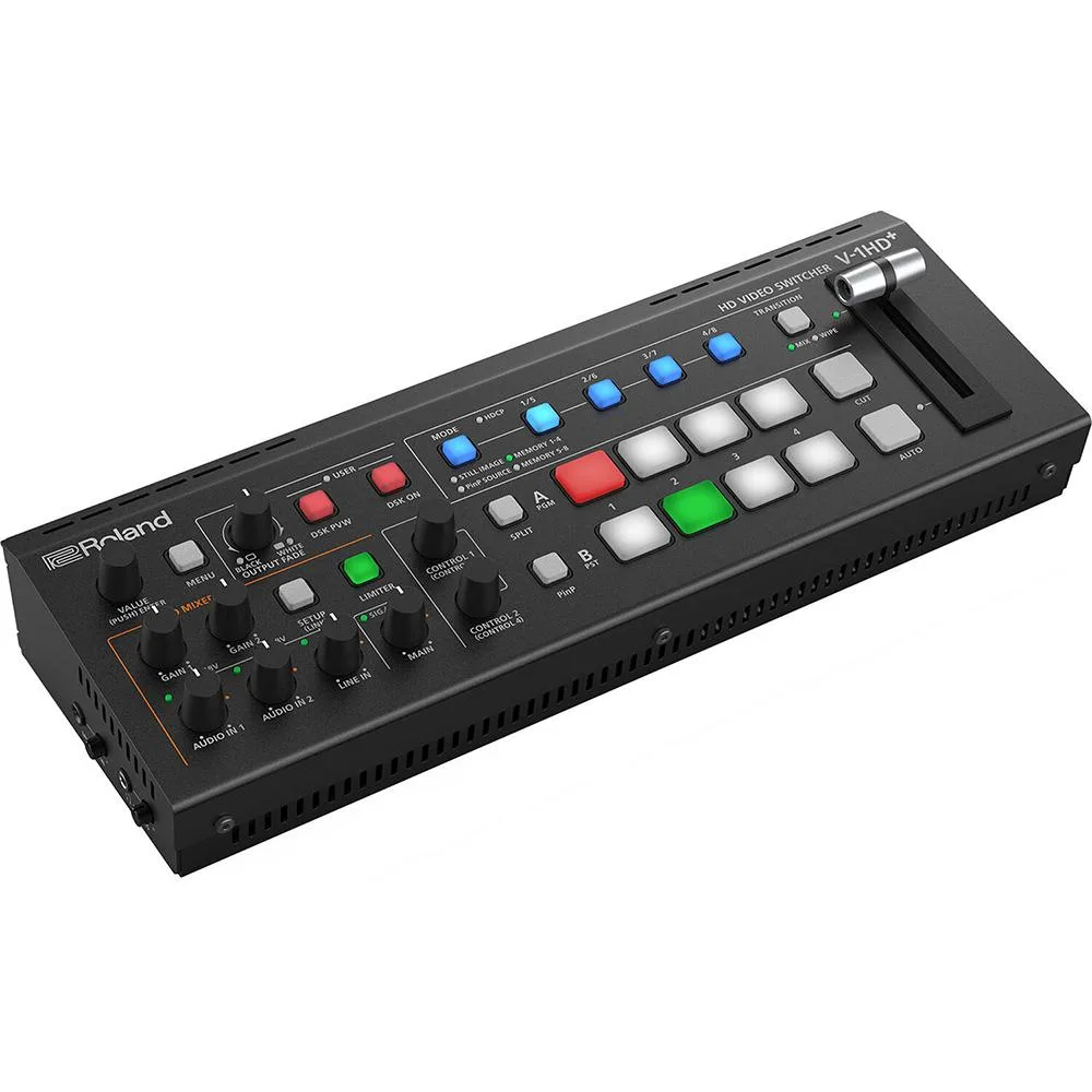 Compact black desktop video switcher with four HDMI input buttons, T-fader, and LCD screen