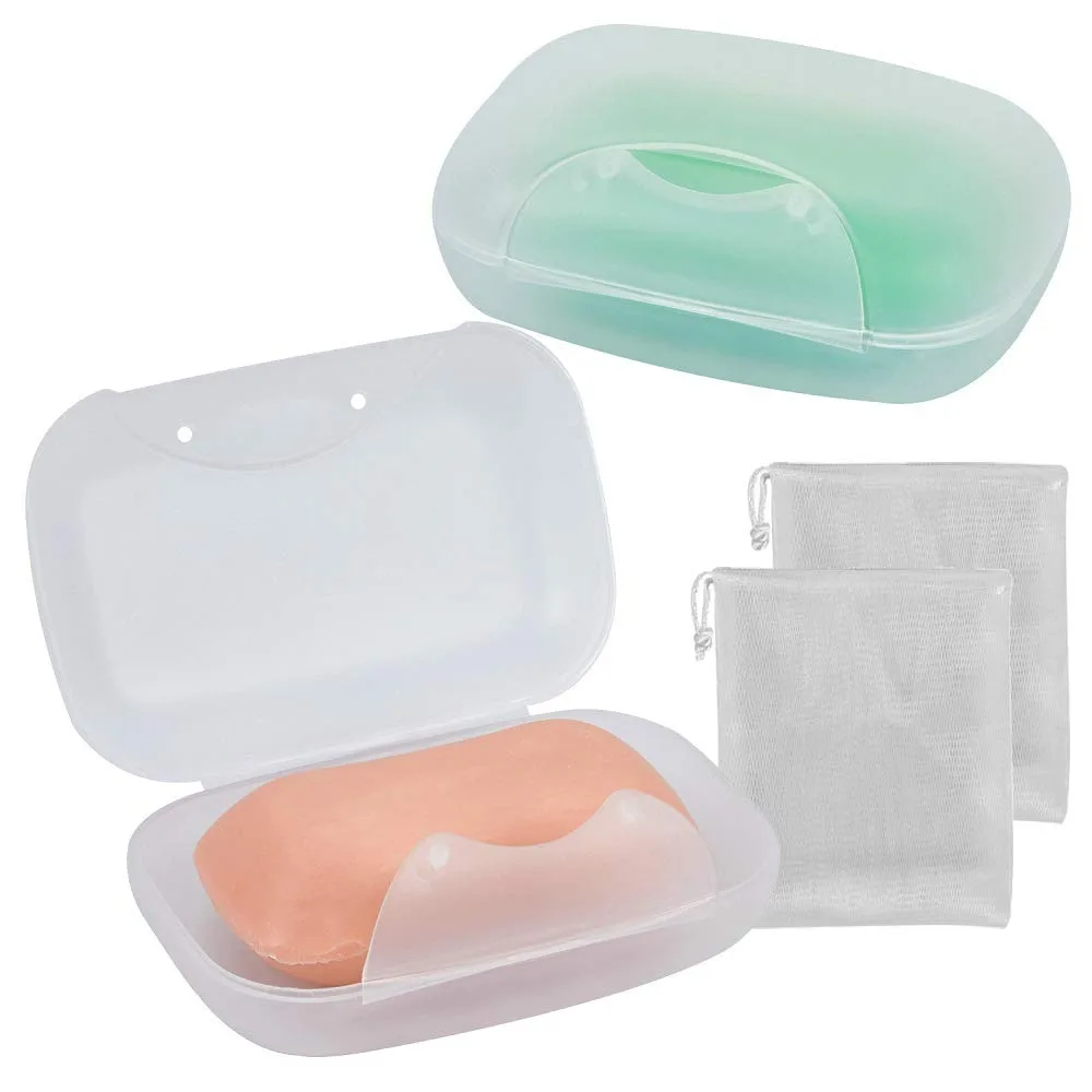 Two clear rectangular soap boxes with secure latches and ridged bottoms, plus two mesh soap savers