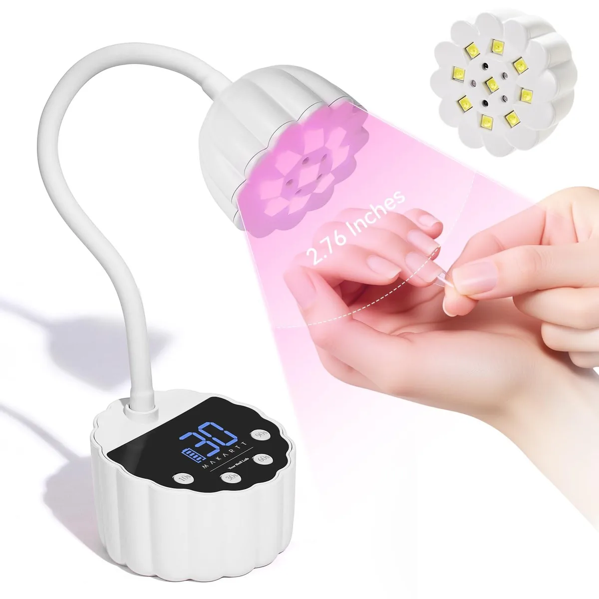 White cordless UV nail lamp with flexible gooseneck and LCD timer display
