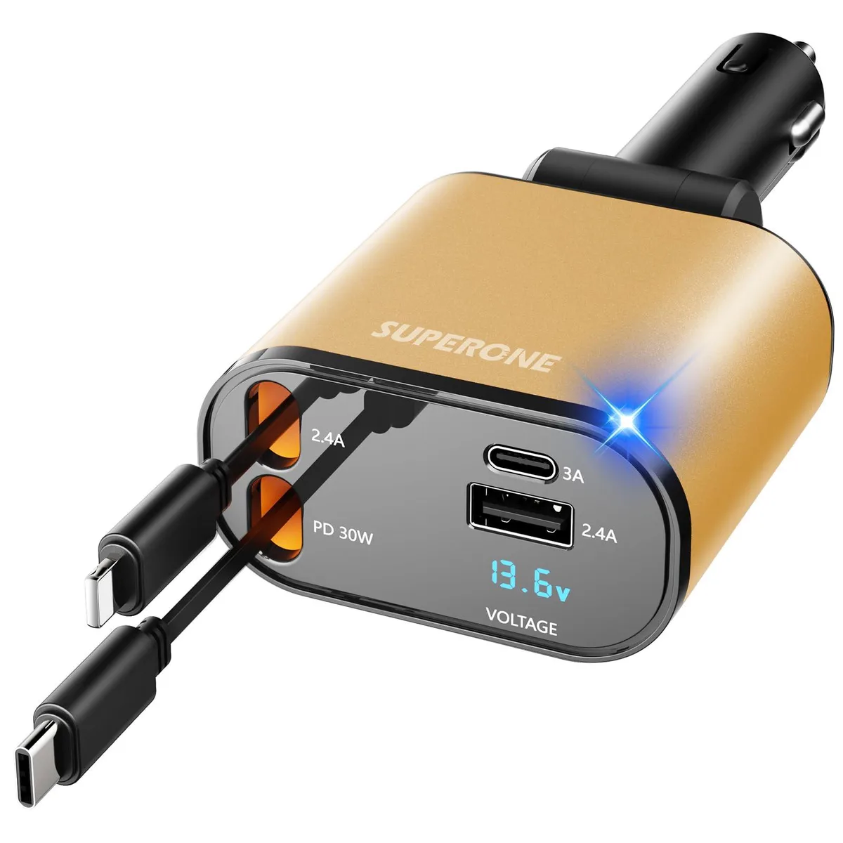 SUPERONE retractable car charger with two coiled cables and dual USB ports, 60W, 2.6ft