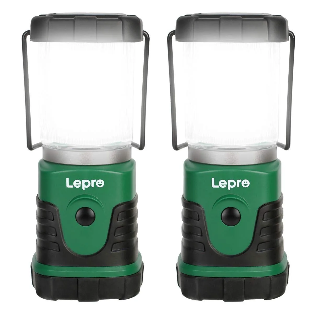 Two black cylindrical LED lanterns with removable caps standing side by side