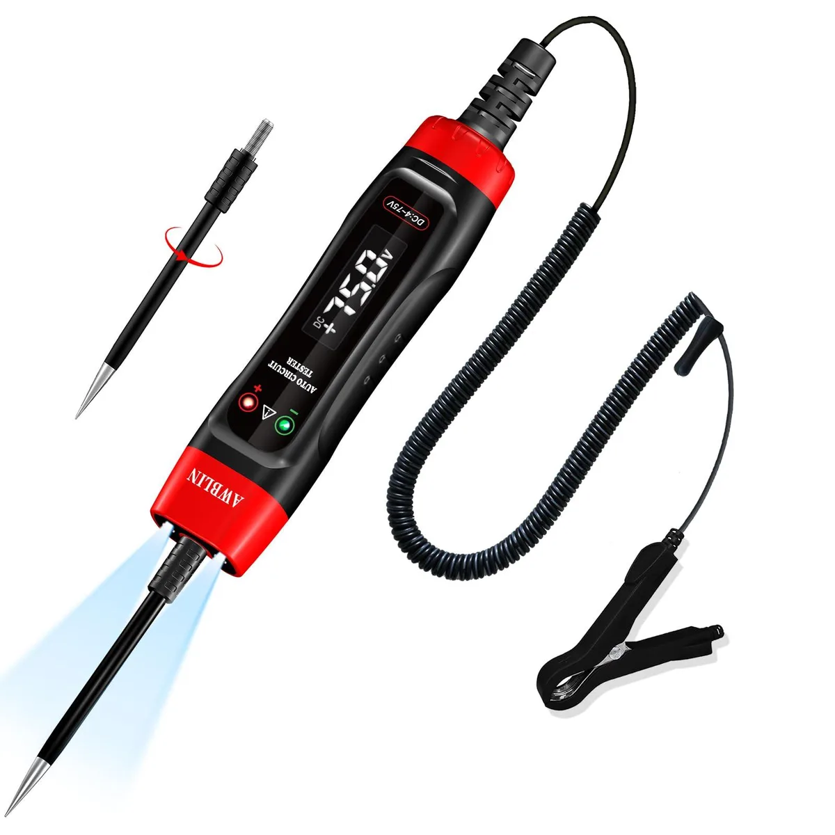 Handheld automotive test light with LCD screen, spring lead and probe cover