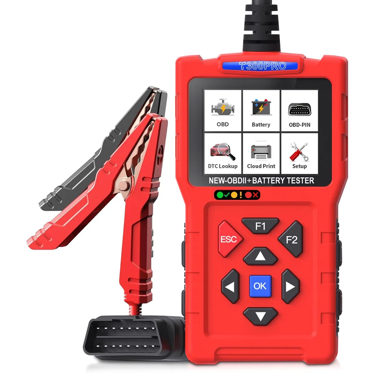 Handheld battery tester and code reader with colour screen and attached cable