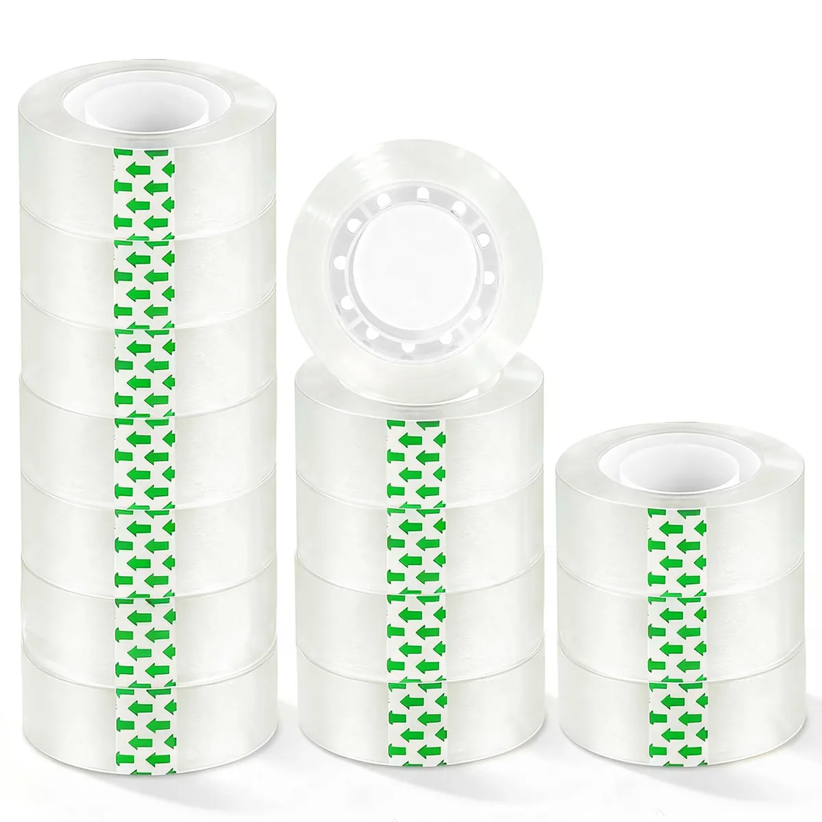Fifteen clear tape refill rolls on plastic cores