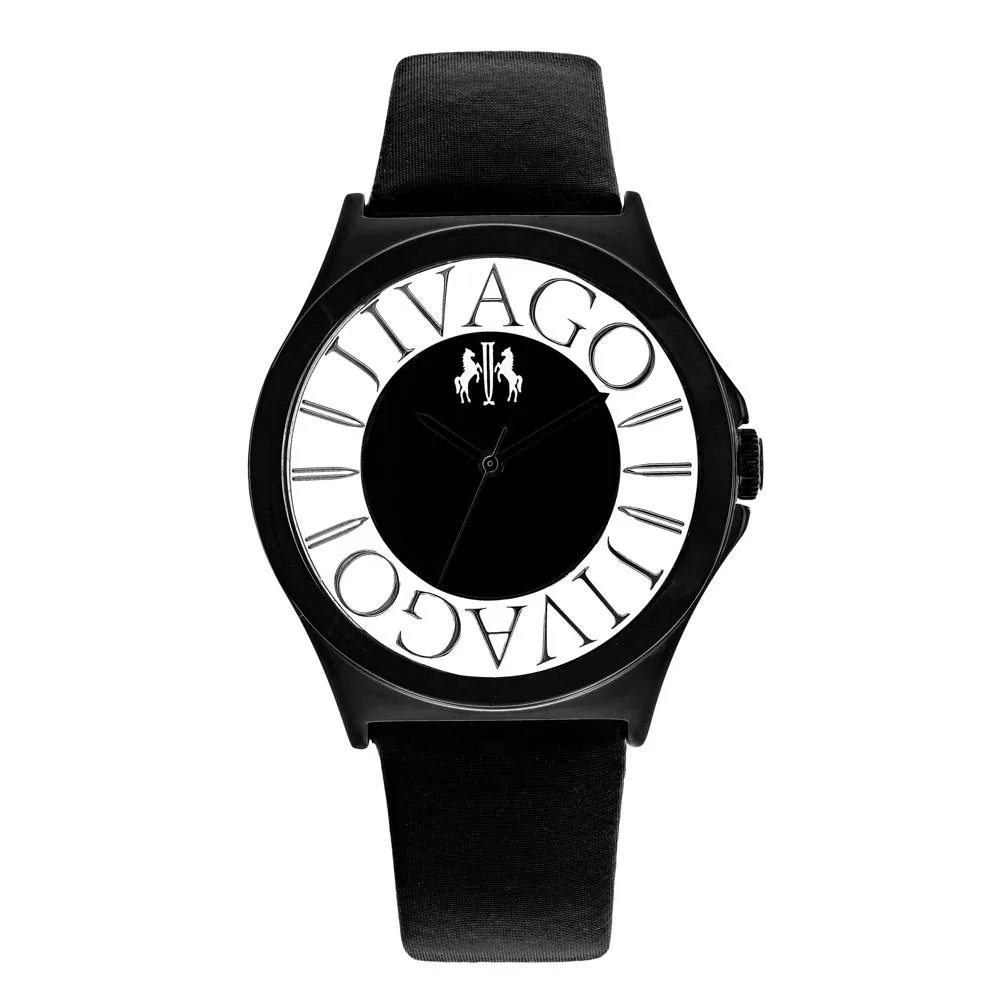 Black dial stainless steel watch with satin leather strap