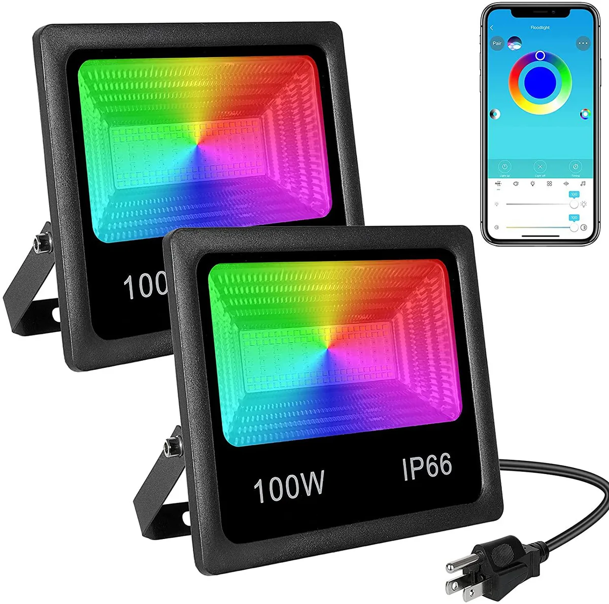 Two rectangular black floodlights with wide lenses and US plugs side by side