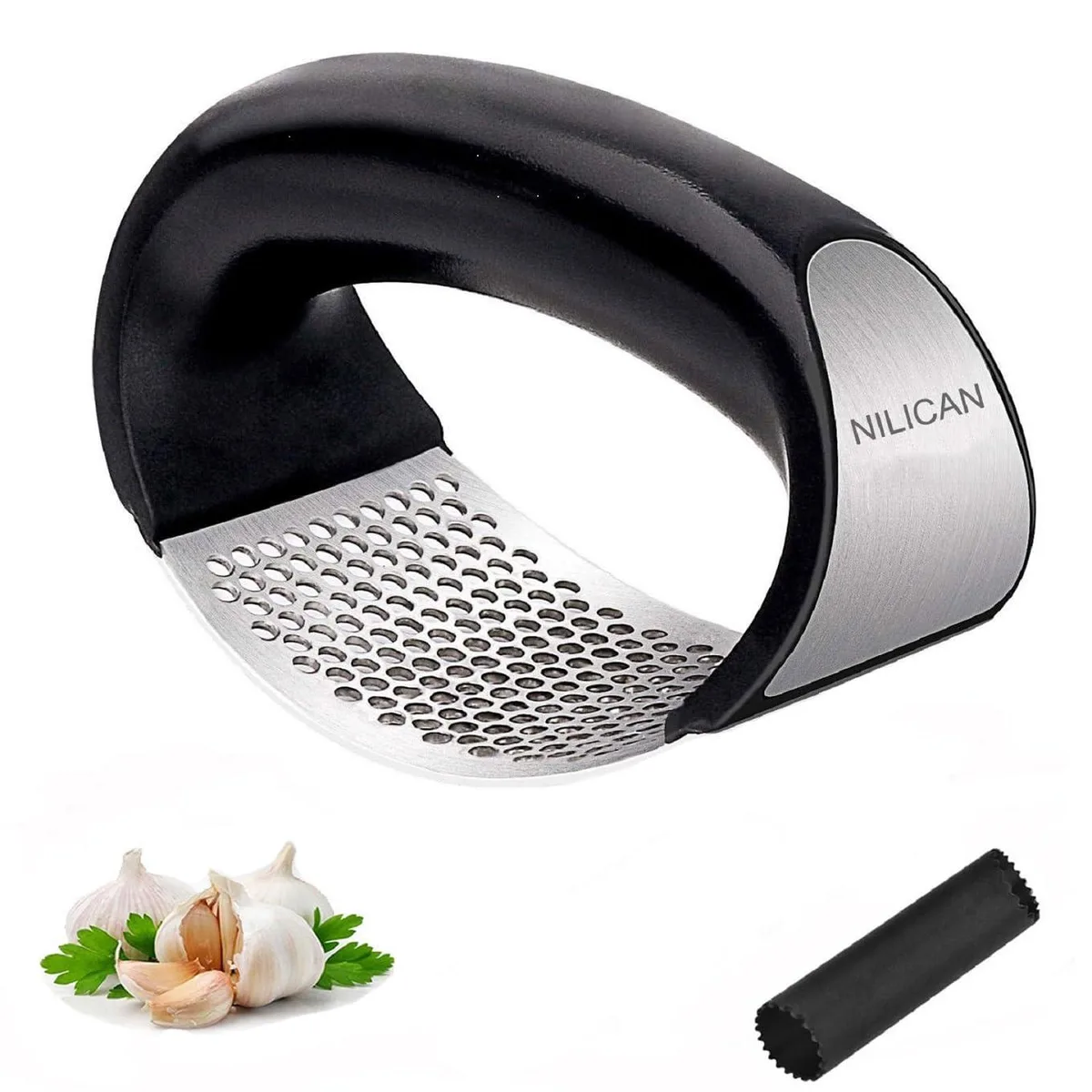 Black stainless-steel garlic press with ergonomic handle and swing crusher, 12 cm long