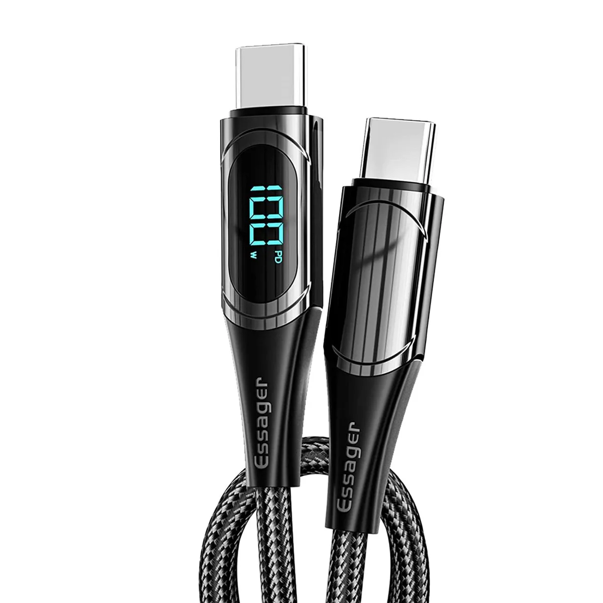 Black USB-C to USB-C cable with LED power display, nylon braided, 6.6ft
