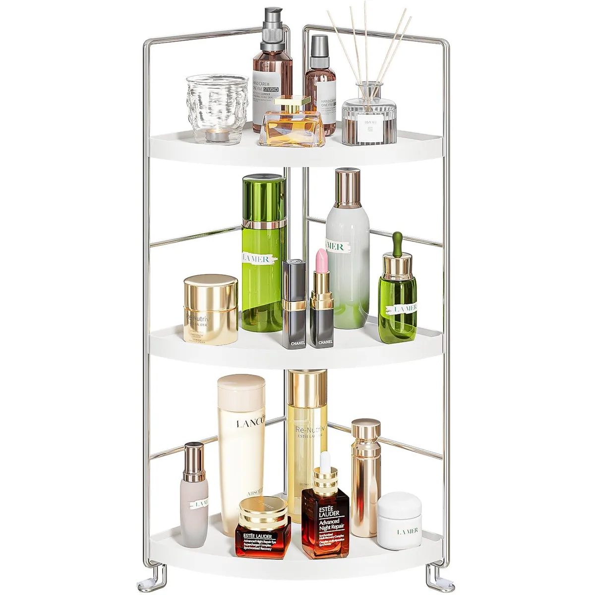 White three-tier corner shelf with brushed stainless steel frame and matte glossy plastic shelves, 6.7 inches wide
