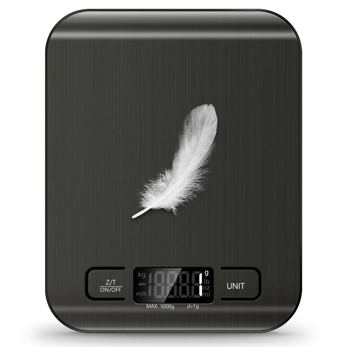 Twelve black stainless steel digital kitchen scales in rectangular form