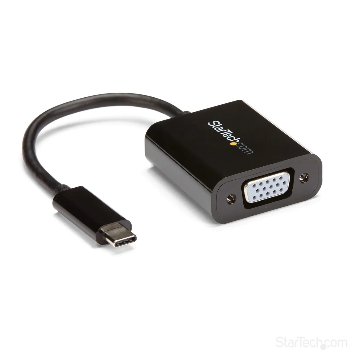 Compact black USB-C to VGA dongle with short cable