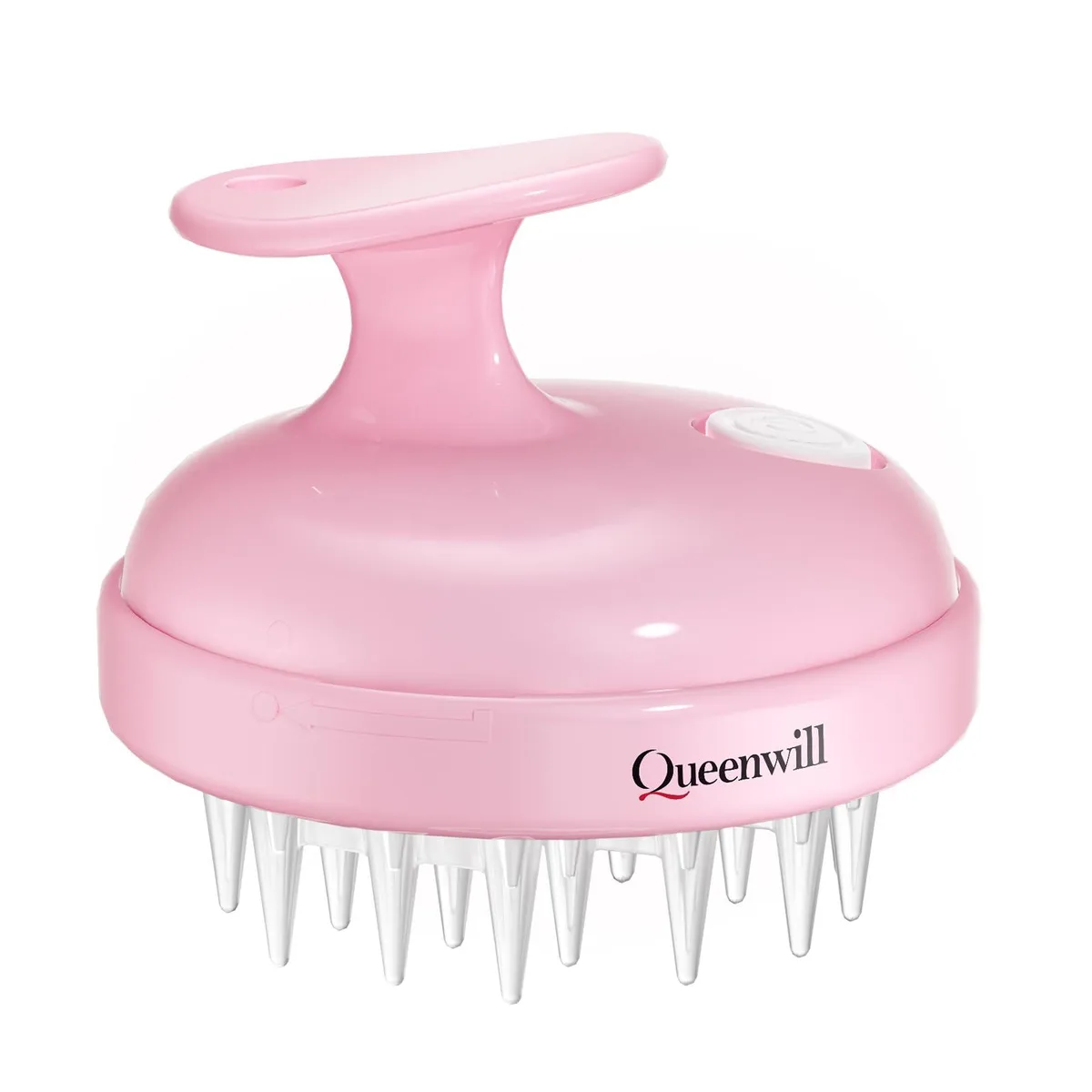 Pink handheld scalp massager with soft silicone bristles and ergonomic grip