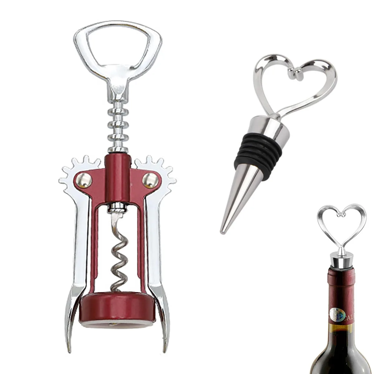 Zinc alloy wing corkscrew with bottle opener and stopper, silver finish