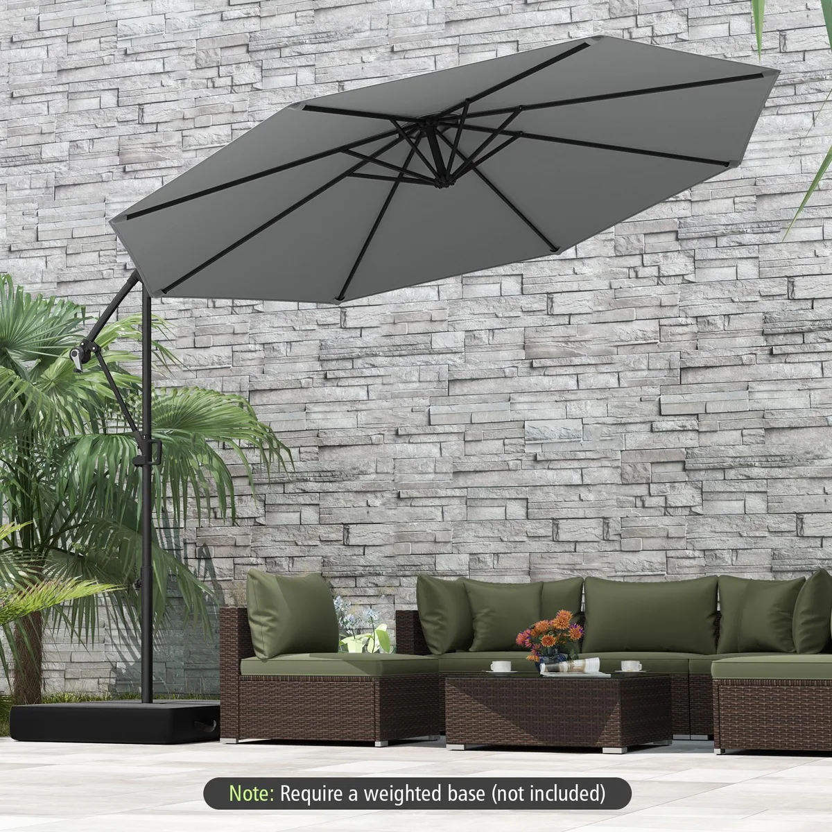 Grey 10 ft offset patio umbrella with crank handle, metal ribs, air vent and base