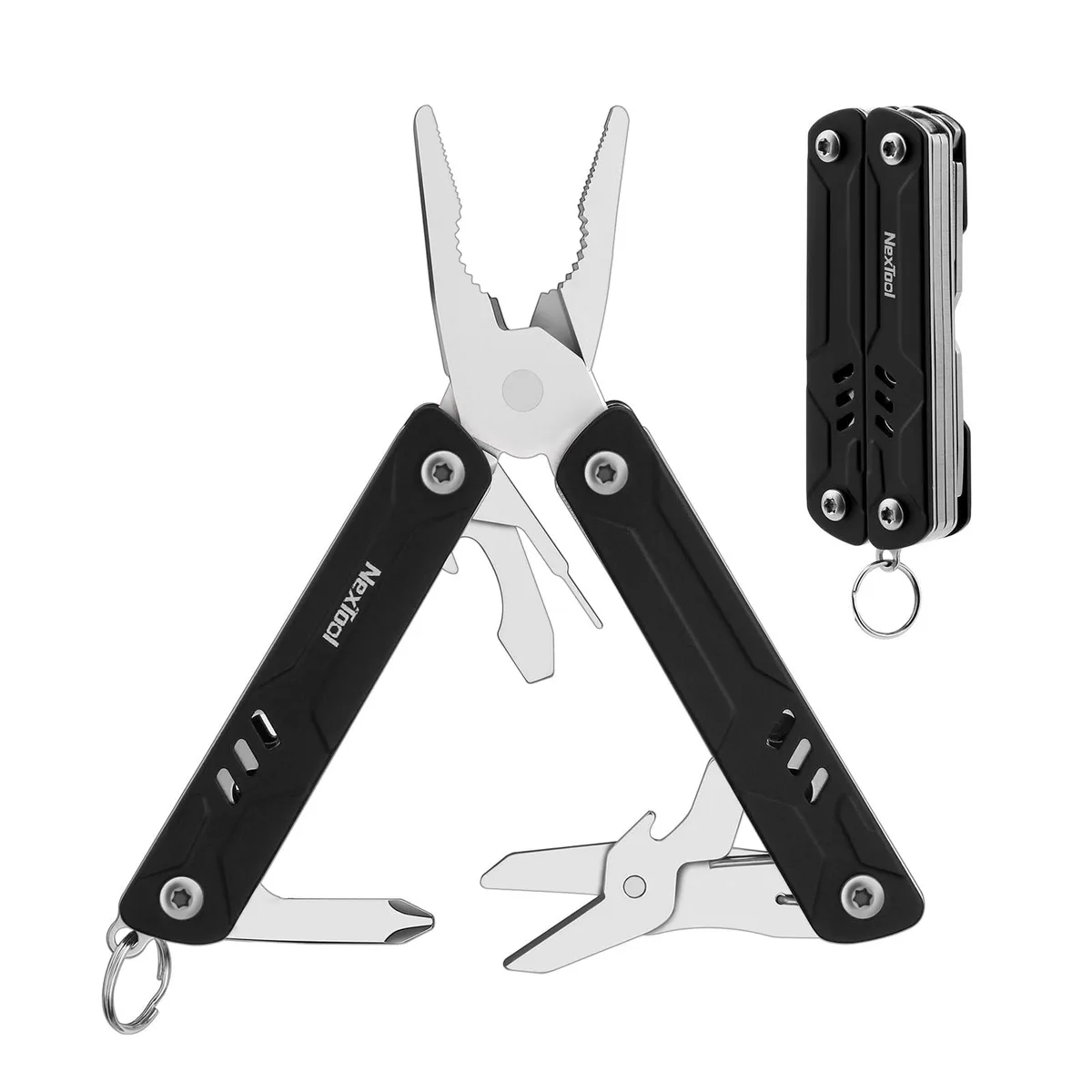 Compact blue keychain multitool with needle-nose pliers, scissors and screwdrivers folded closed