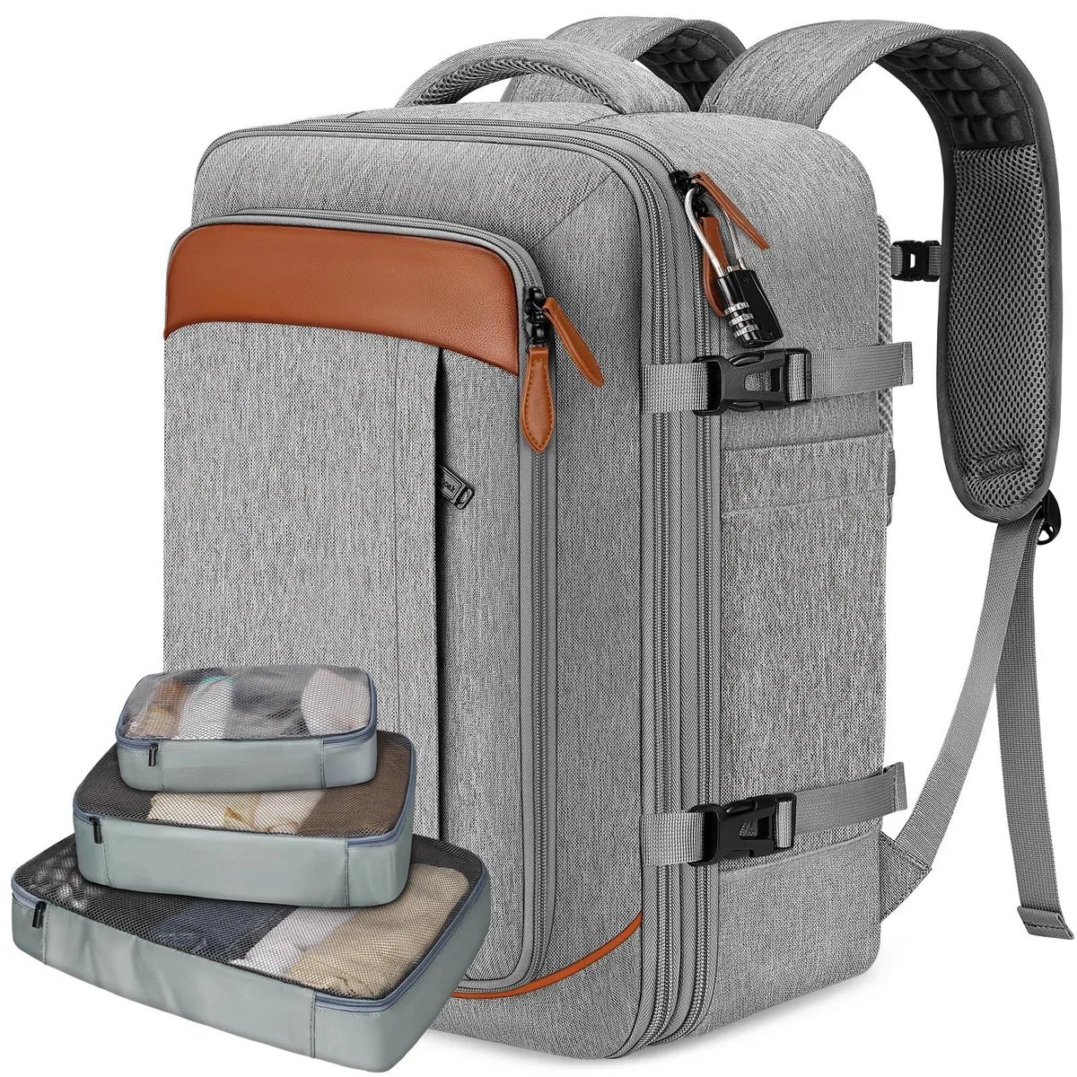 Grey expandable travel backpack with padded straps and multiple compartments