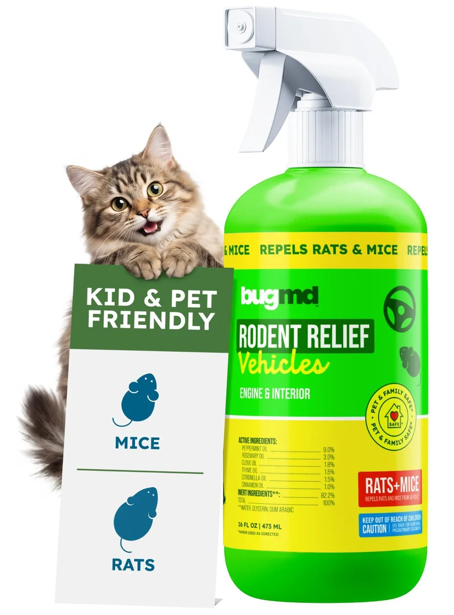 A spray bottle of peppermint oil rodent repellent for car engines
