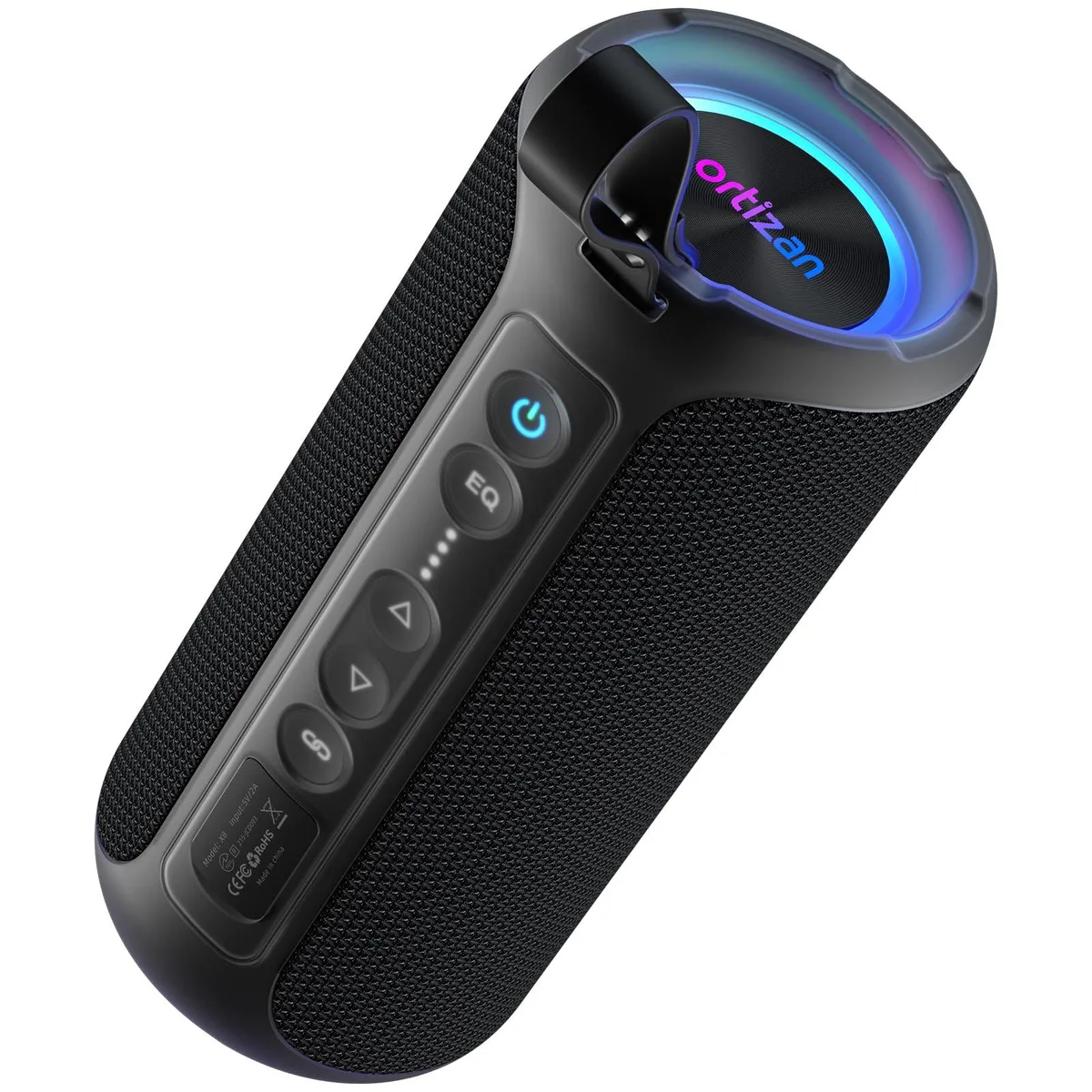 Black cylindrical Bluetooth speaker with rubberised finish and carry lanyard