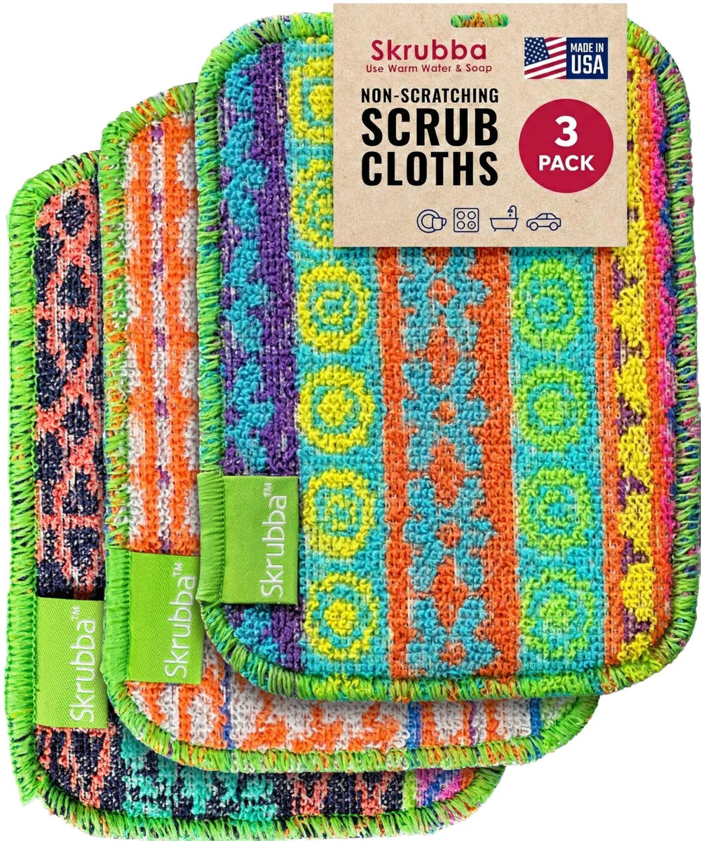 Three cotton blend scrubbers with chicken-patterned coating, lightweight rectangular pads