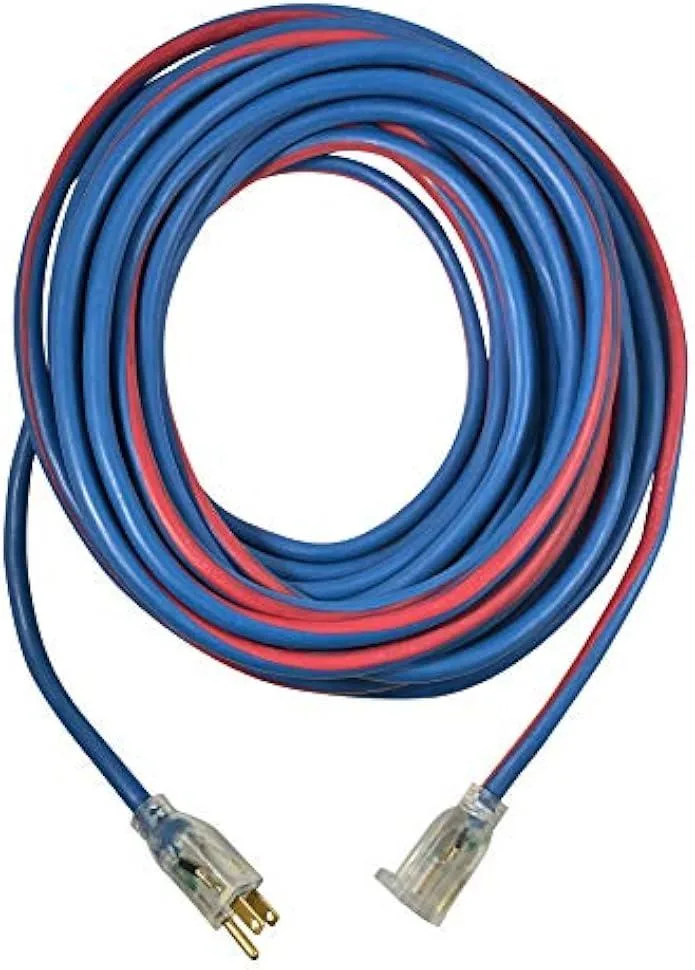 Heavy-duty 15A extension cord with lighted plugs, multicoloured