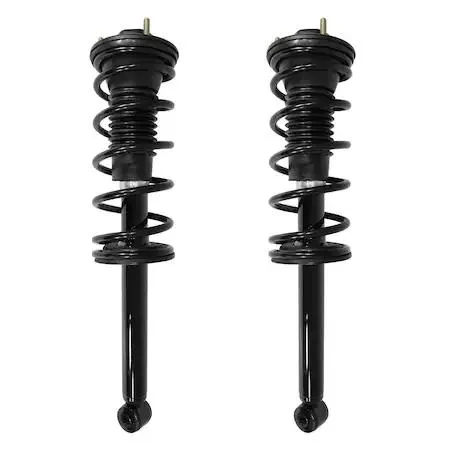 Two complete rear strut assemblies with coil springs and top mounts, silver metallic finish