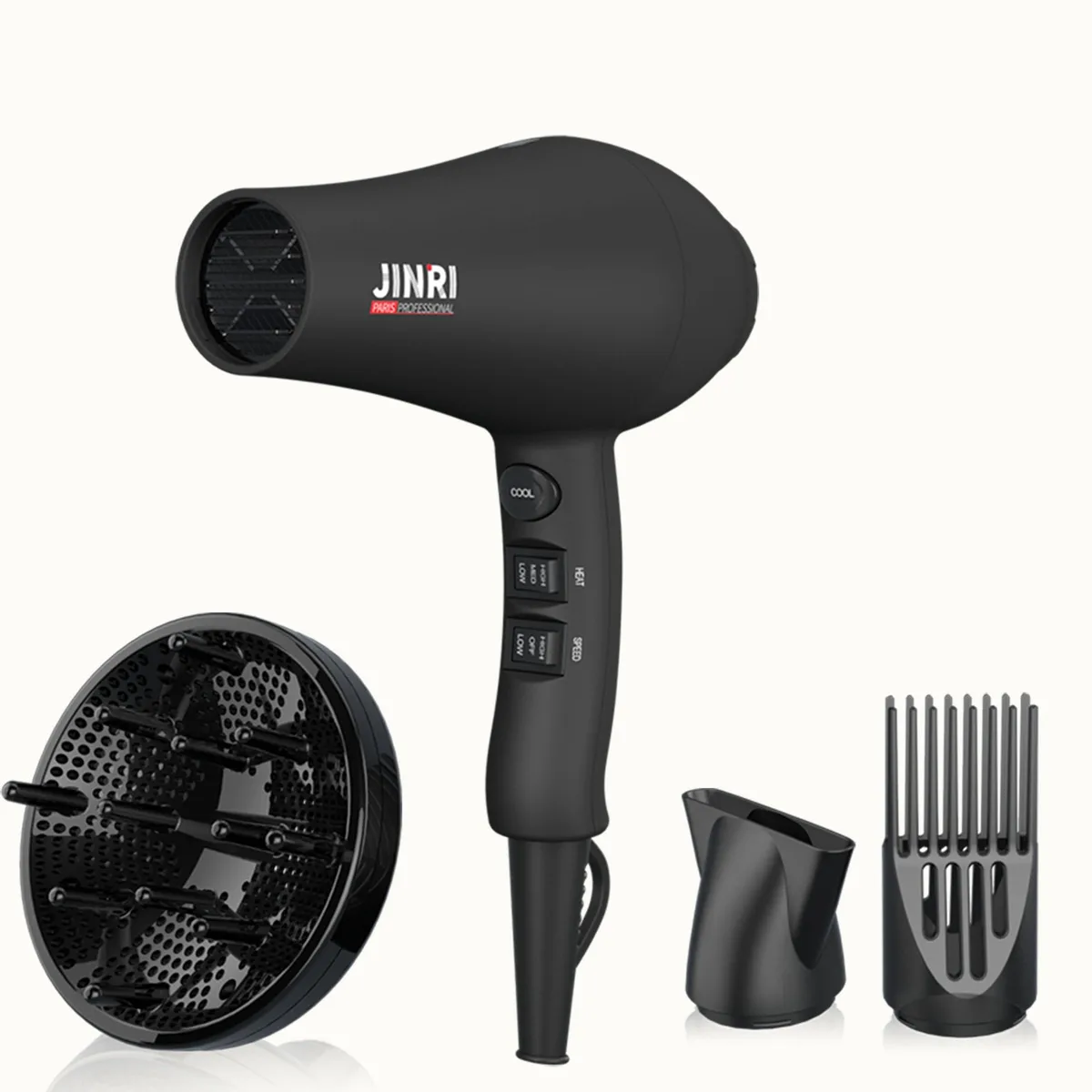 Black non-foldable hair dryer with diffuser and concentrator attachments, hanging strap, matte finish