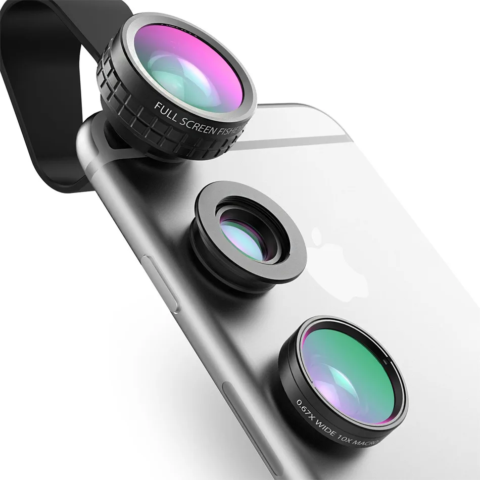 Corn Electronics Corn Electronics 3-in-1 Clip-On Lens Kit 180° Fisheye 110° Wide Angle 10x Macro — product photo