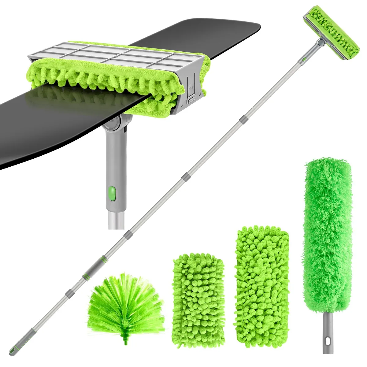 Metra 77 inch aluminium extension pole with bendable microfiber duster head and chenille blade cleaner attachment
