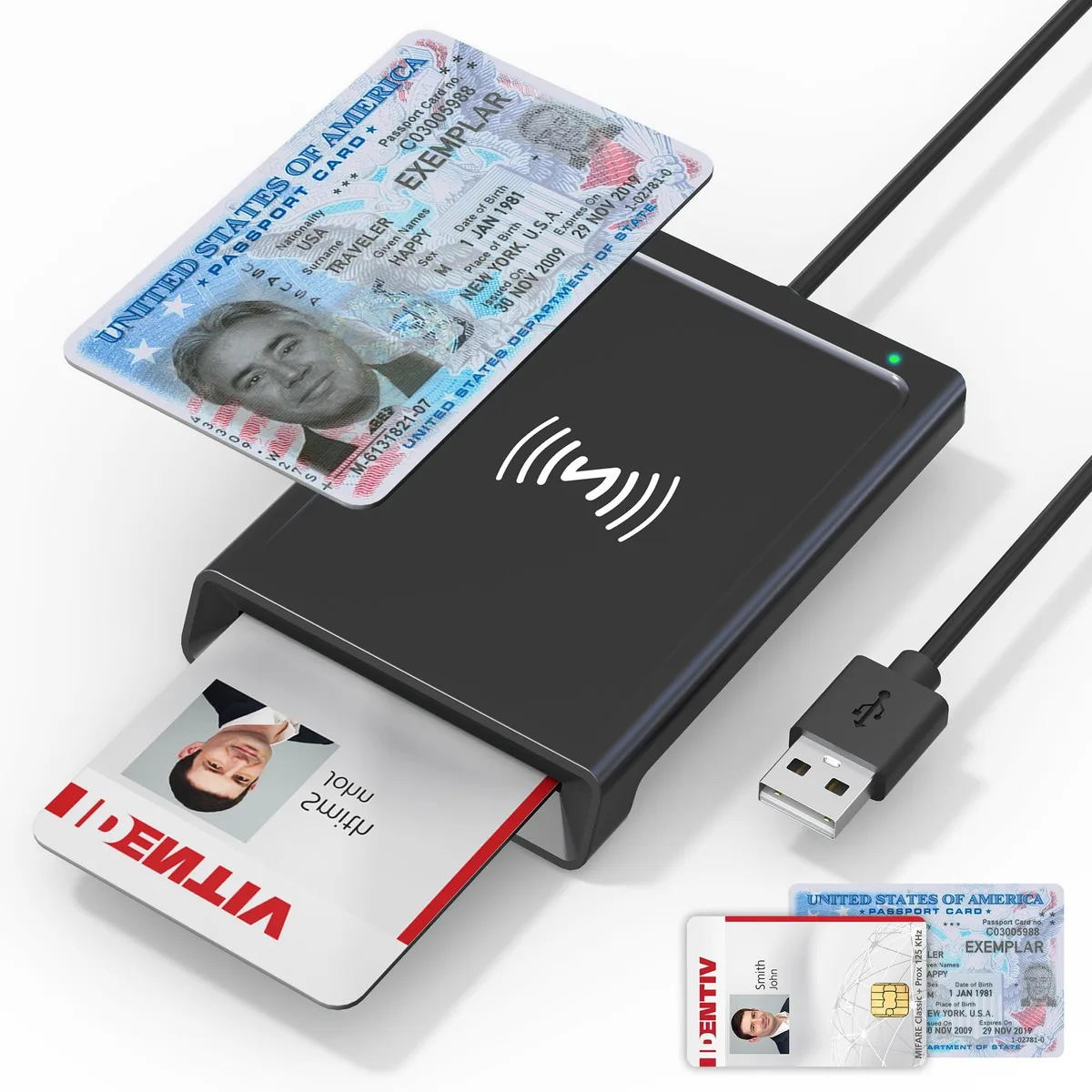 Small rectangular USB smart card reader with contact slot and NFC tap area, matte black finish