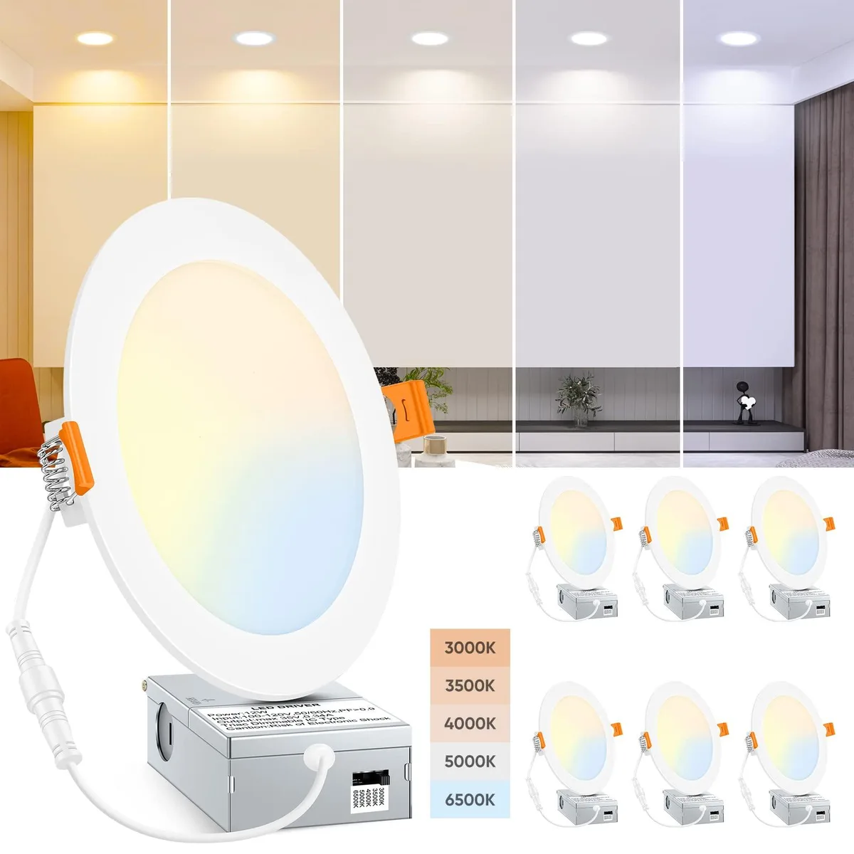 Six ultra-thin white LED recessed lights with clear prismatic glass, canless flush-mount design