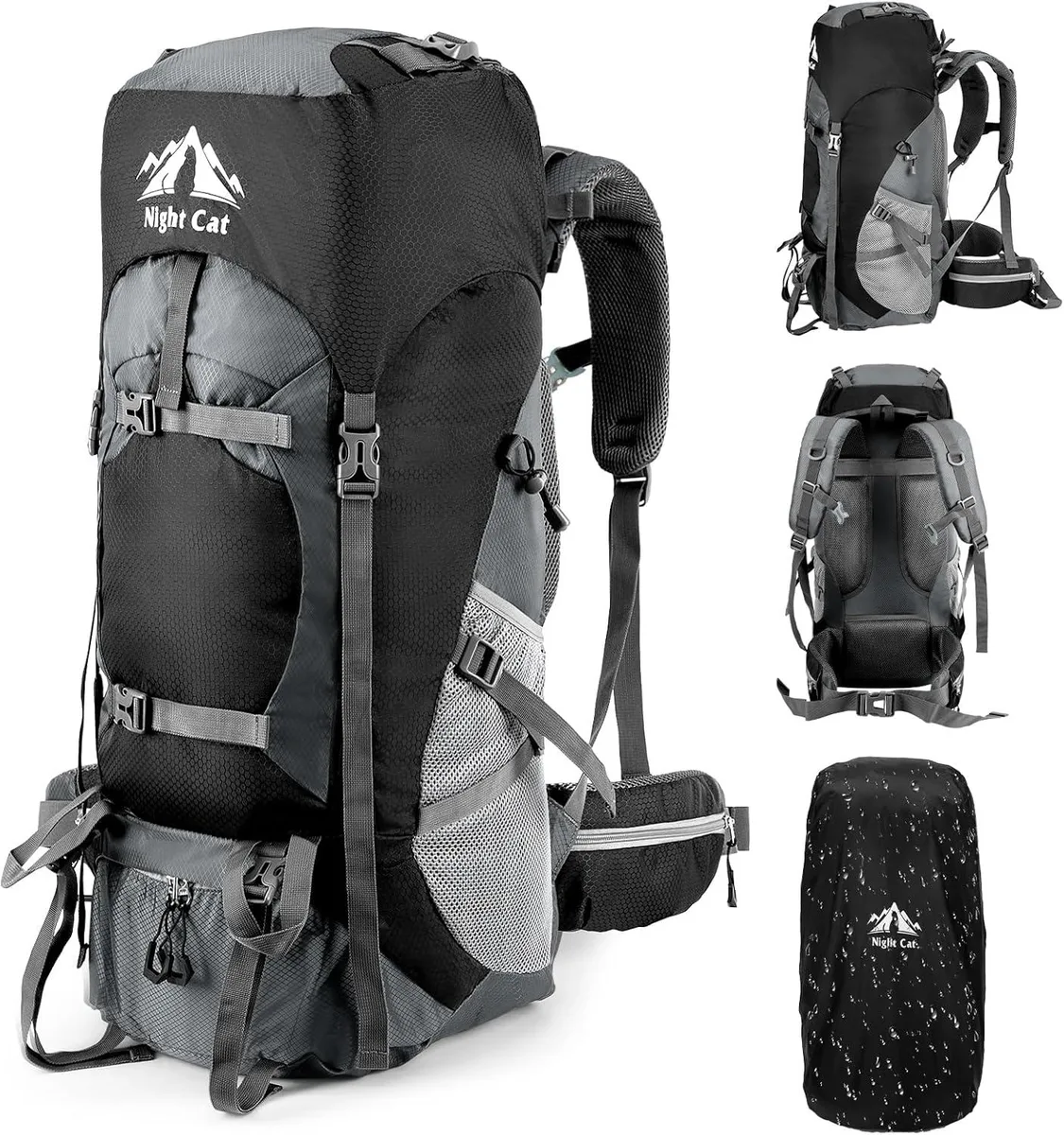 Large 70L hiking backpack in dark fabric with multiple compartments, padded straps and waist belt