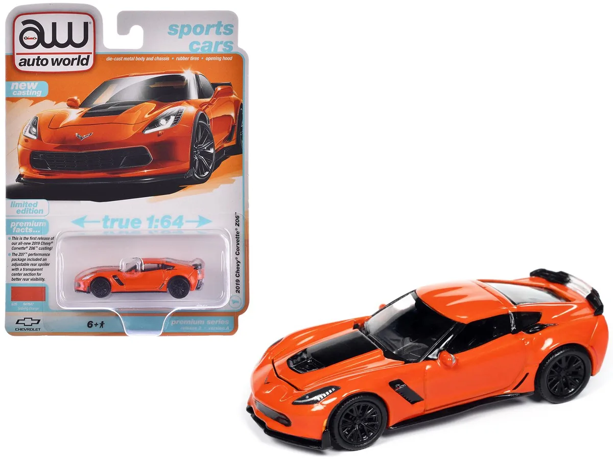 auto world Auto World 2019 Chevrolet Corvette Z06 Sebring Orange with Black Hood 1/64 Diecast — product photo