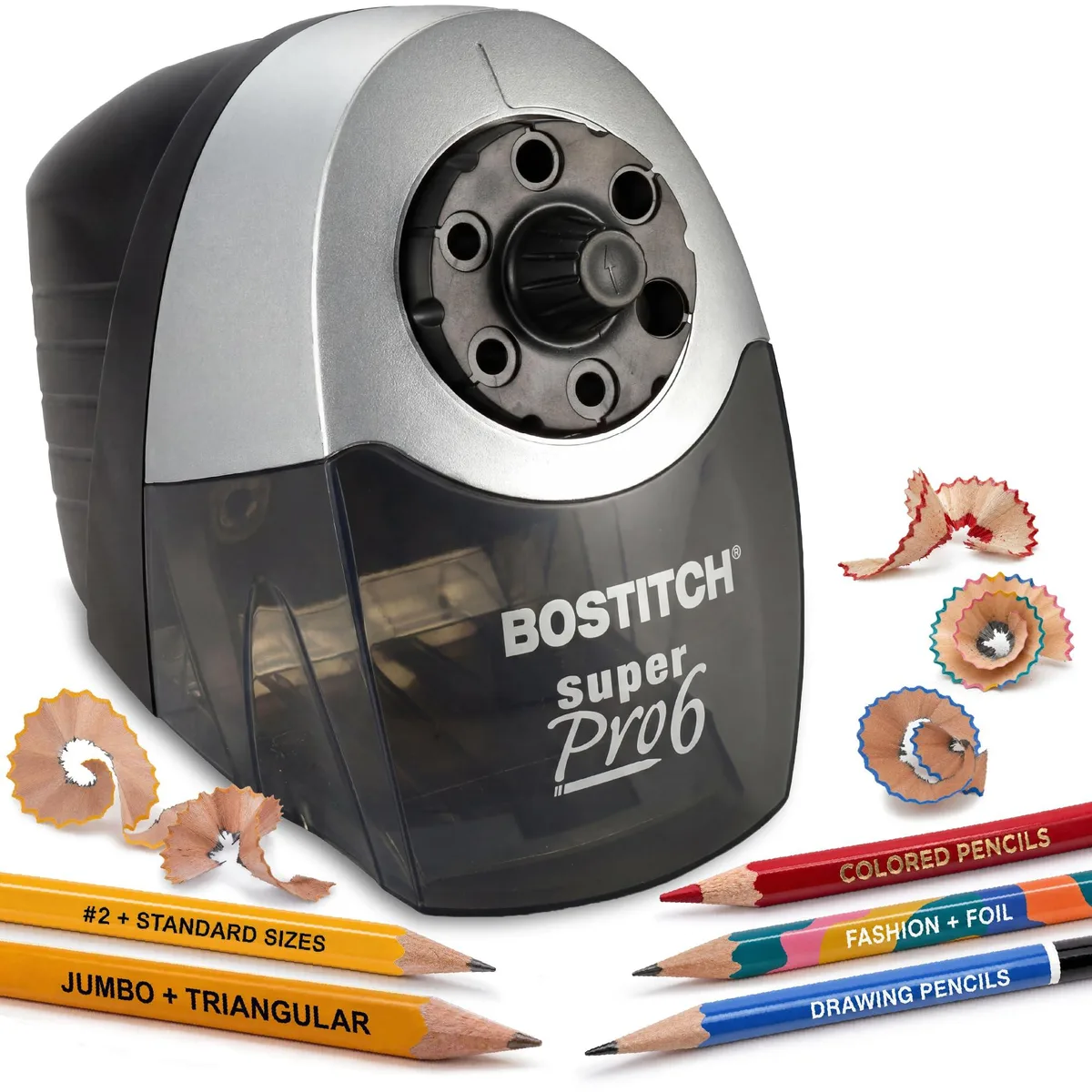Grey heavy-duty electric pencil sharpener with shavings tray and dial selector