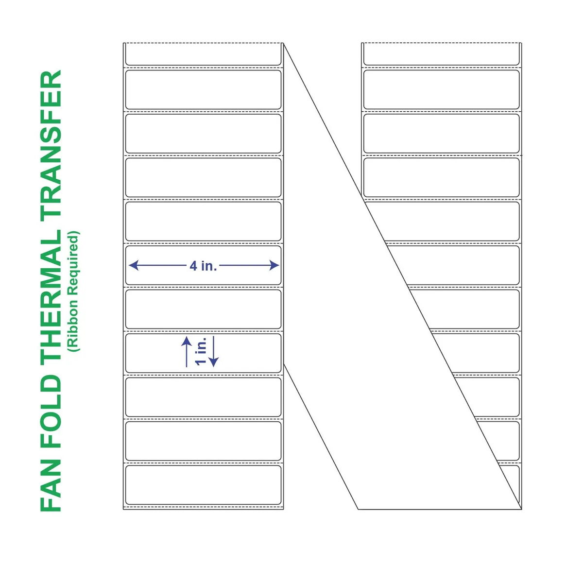 Two white fan-fold label stacks, perforated edges, matte paper finish