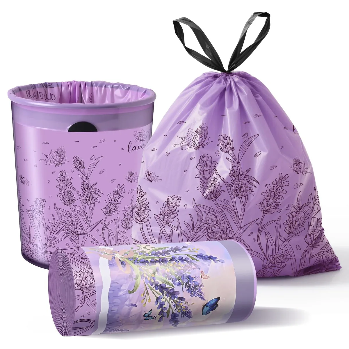 Pack of 50 purple drawstring bags with lavender scent and floral print