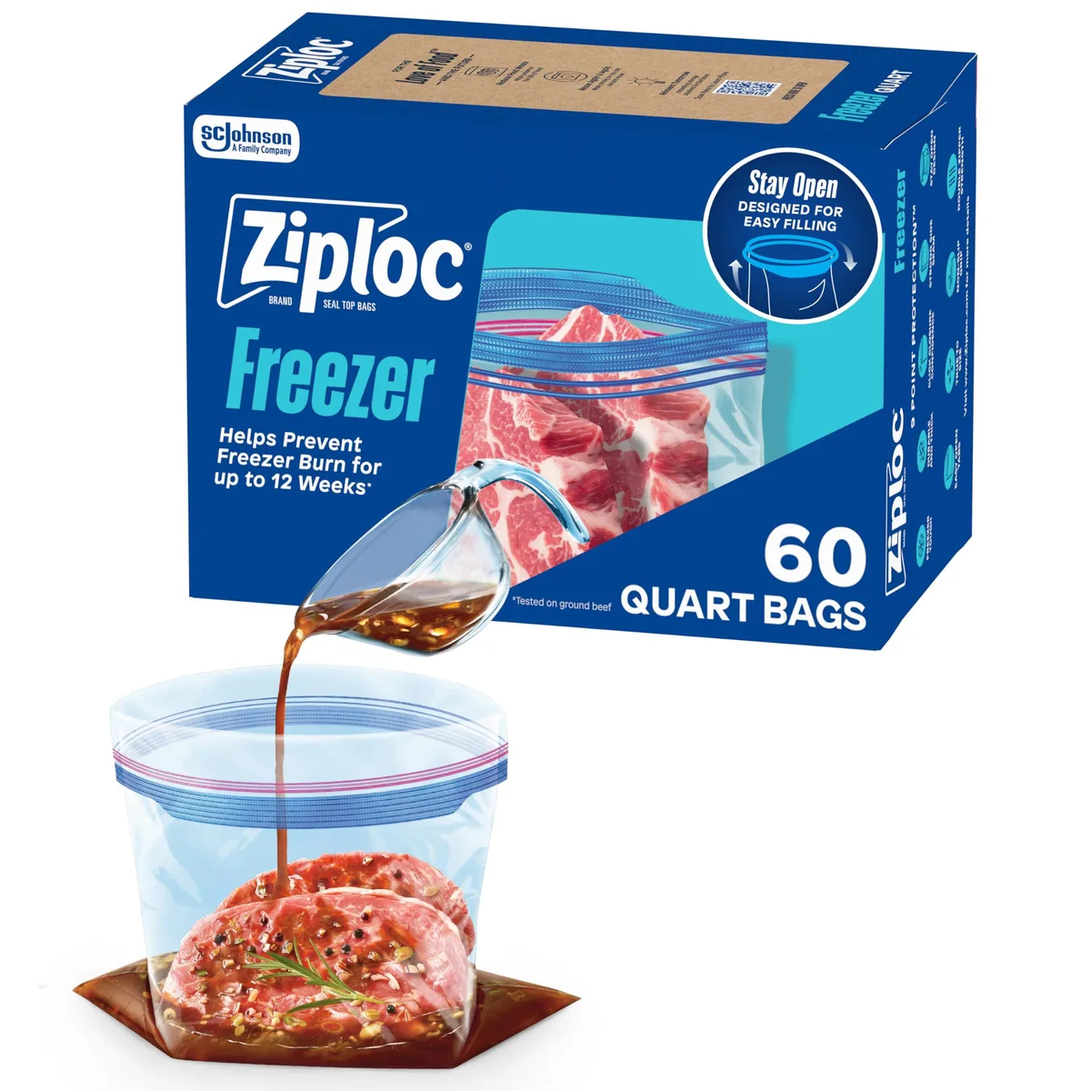 Box of 60 beige plastic freezer bags with stand-up bottom and zipper closure