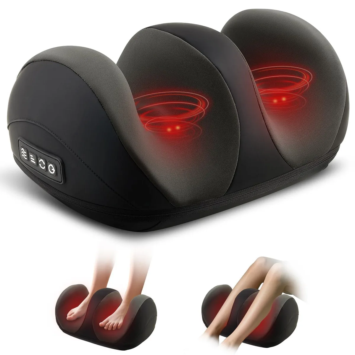 Compact black plastic foot massager, 14 by 9.5 by 7 inches, corded electric with control buttons