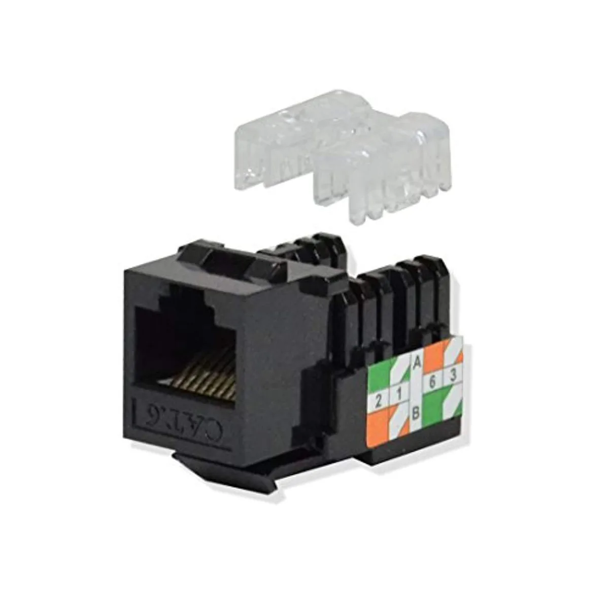 Five black Cat6 keystone jacks with 110 punchdown terminals