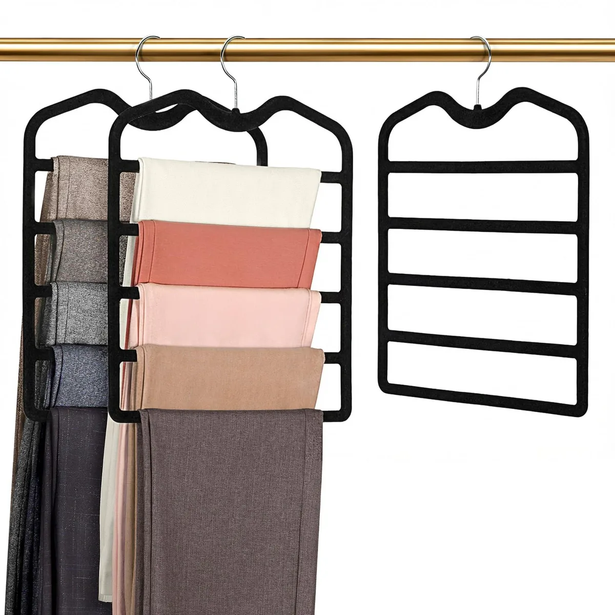 Three velvet pants hangers with short necks and five horizontal tiers each