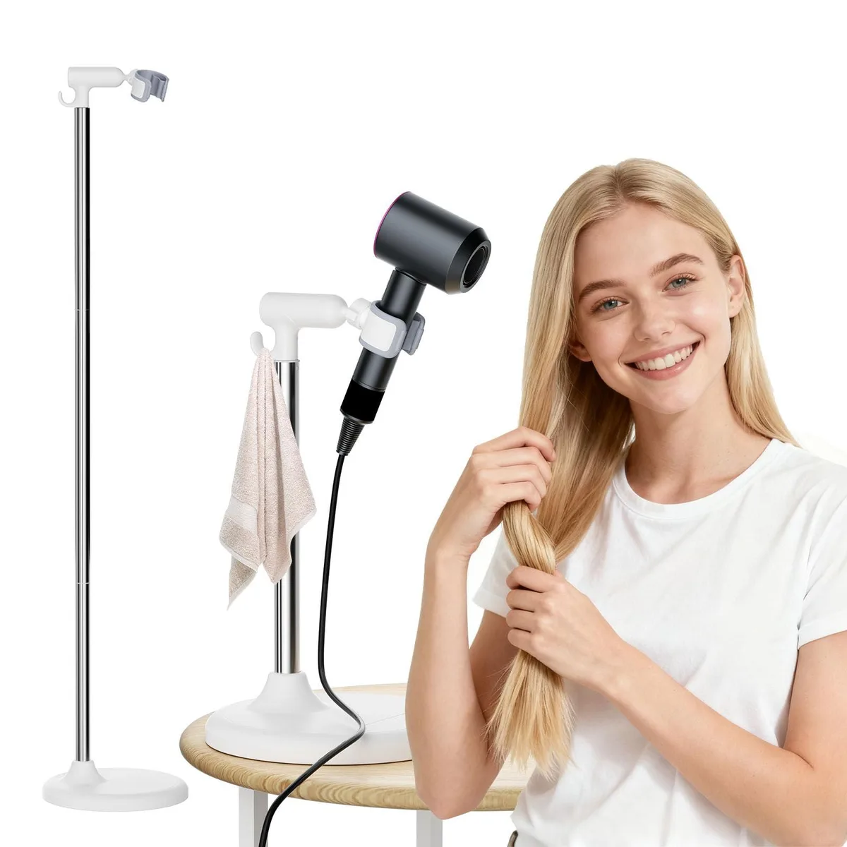 SENWELL-KA Hair Dryer Stand White 360° 17.2–51″ 27.3″H 1.68 kg — product photo