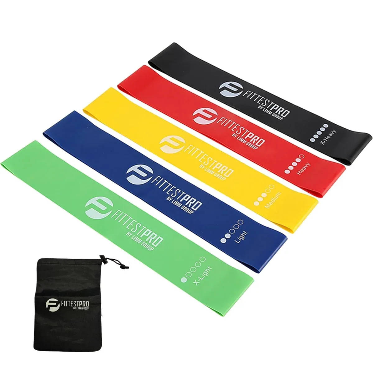 Five multicolor natural rubber loop bands in a carry bag