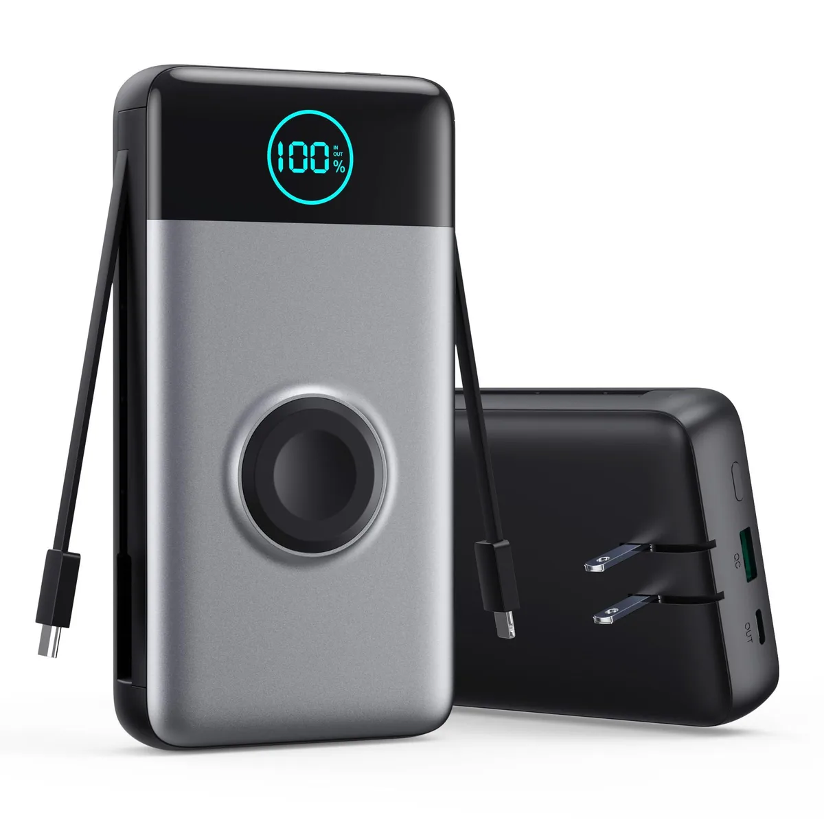 Black rectangular power bank with foldable AC plug, built-in cables and LCD display